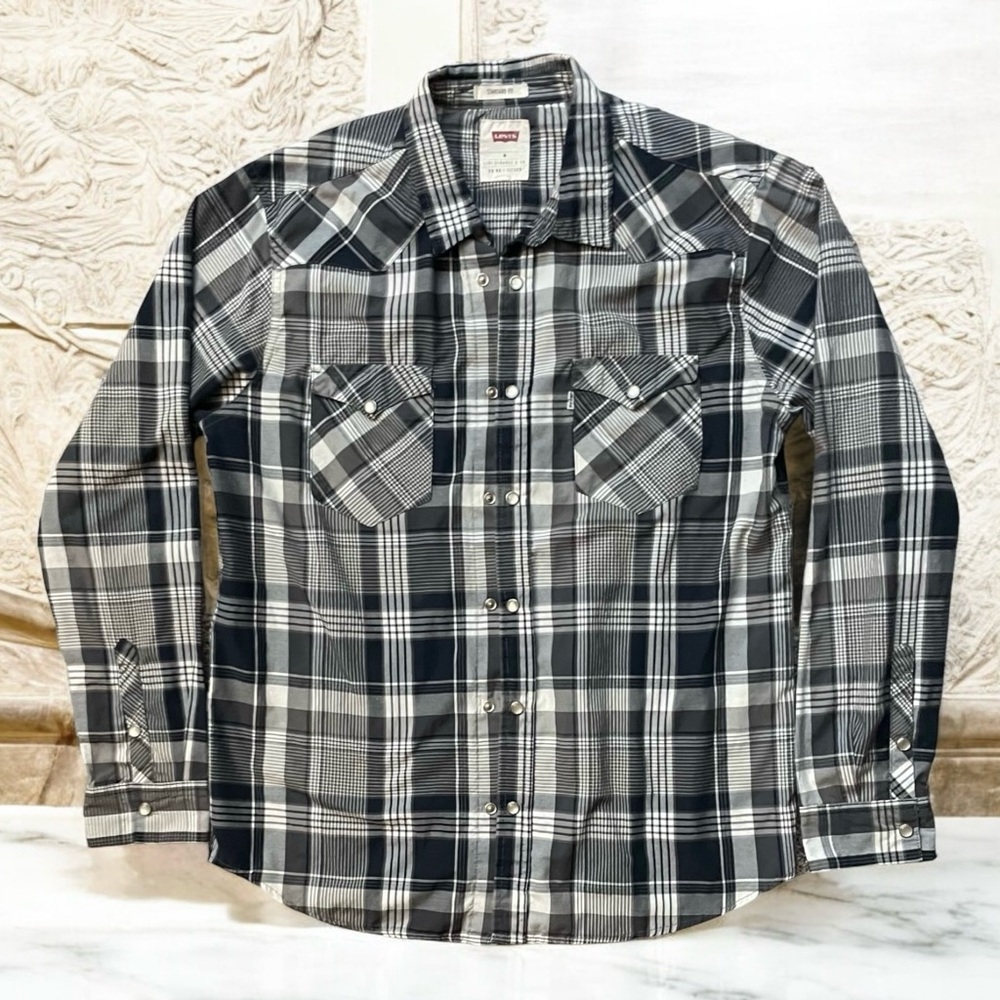 Levi’s Standard Fit Plaid Long Sleeve Shirt Size Medium Pearl Snaps Western